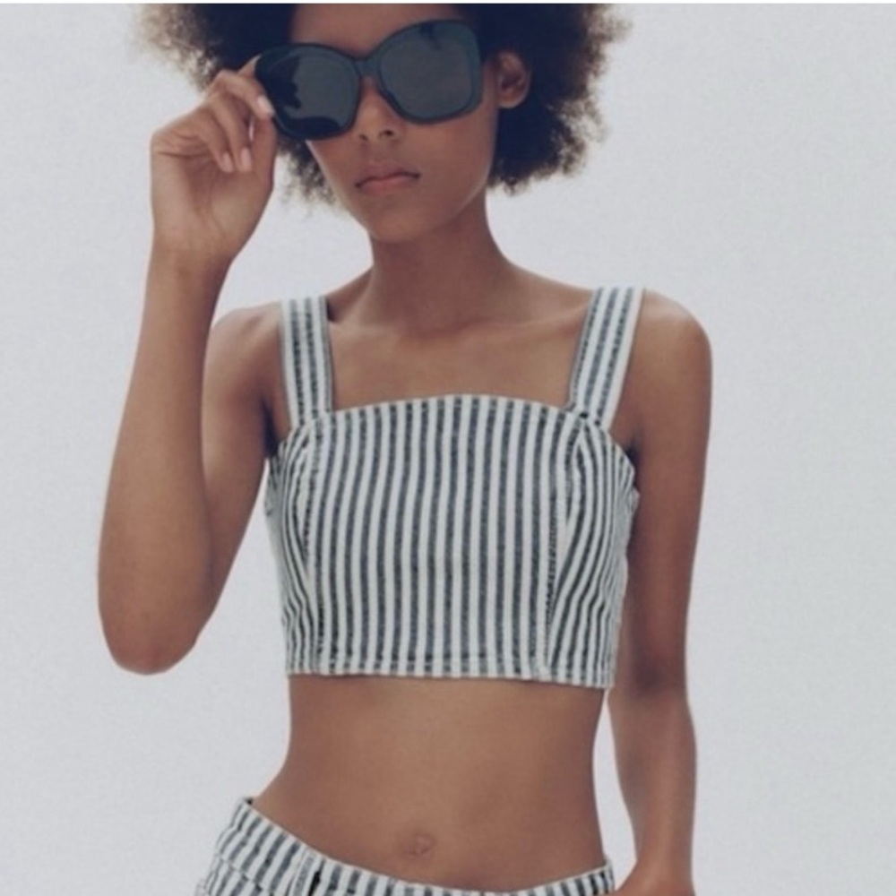 Zara Striped Blue and White Crop Top Denim Summer Fitted Tank Top Extra Small